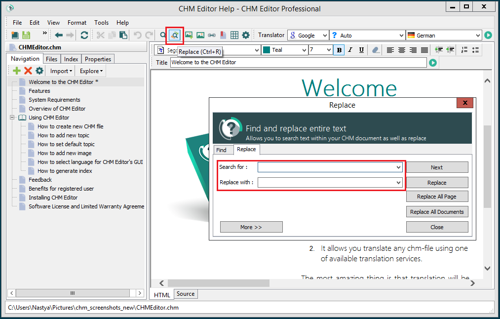 Make a replacement in CHM file